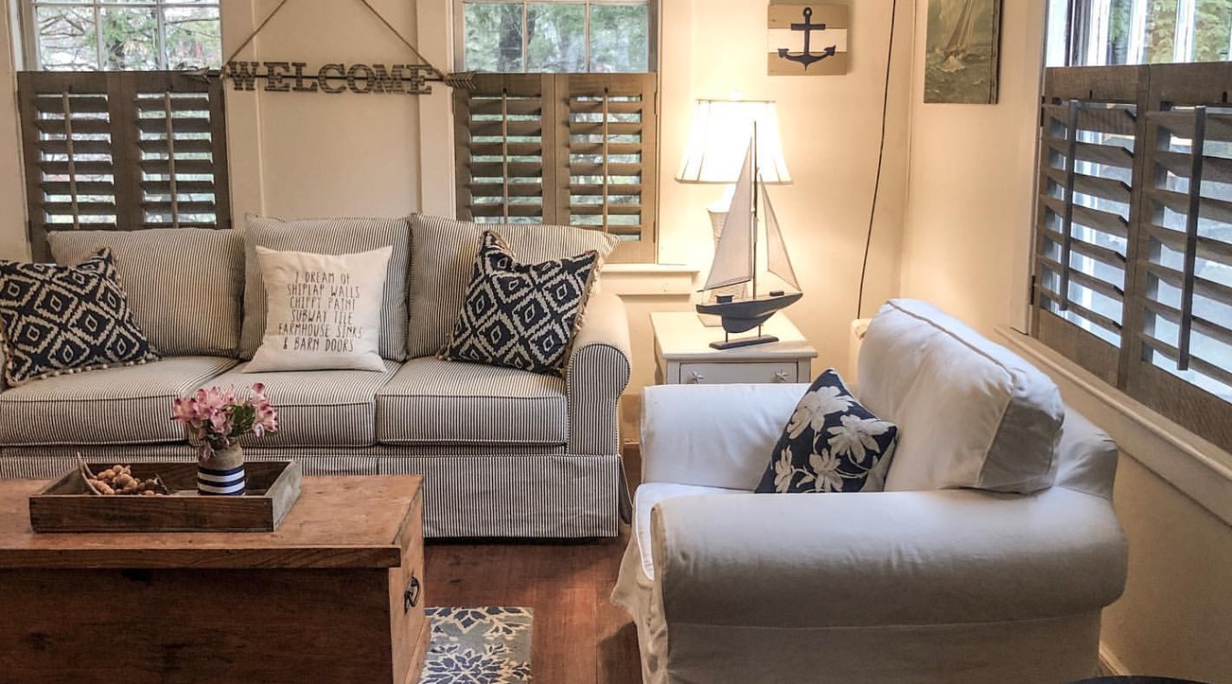 Reclaimed wood shutters in a living room